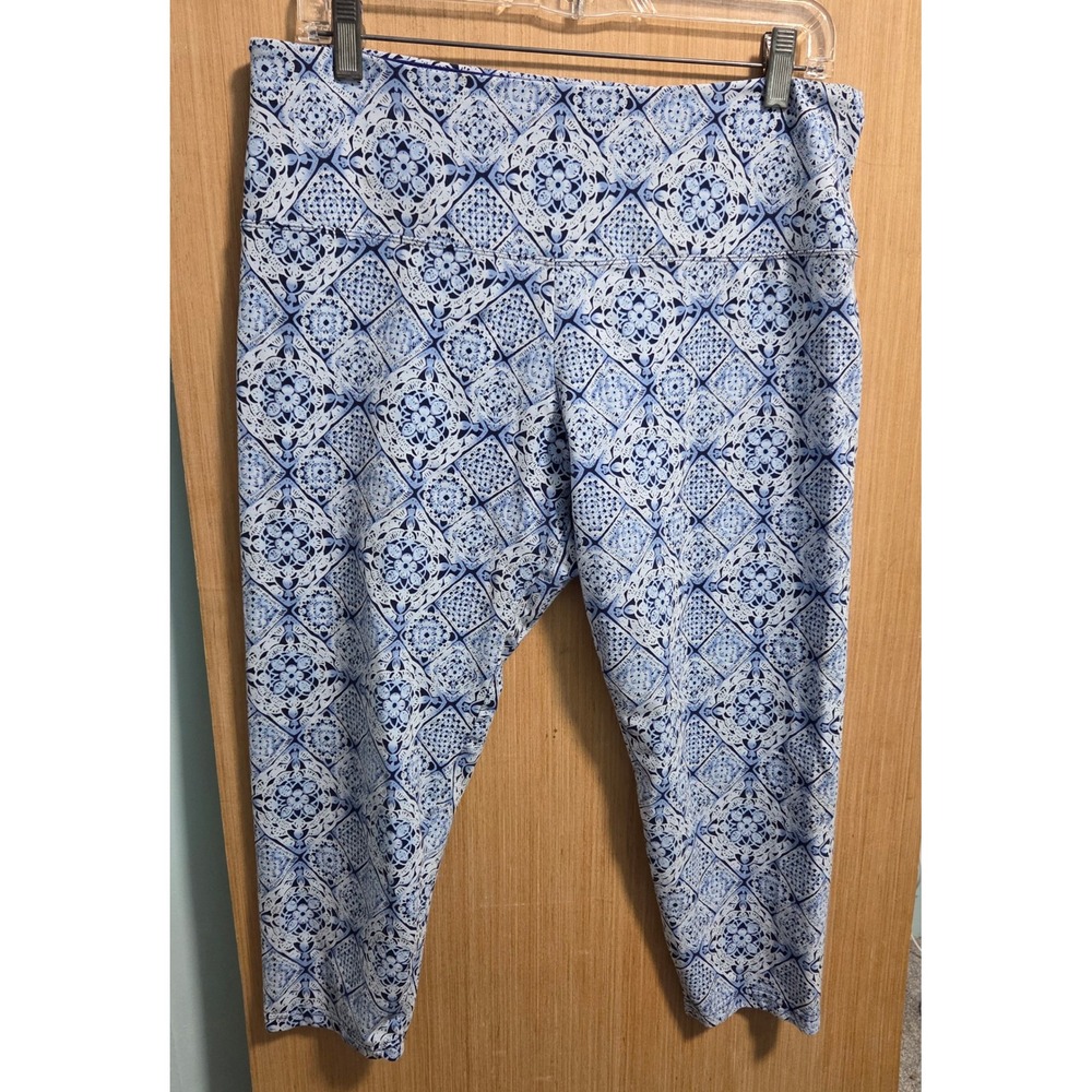 Suave Ankle Length Leggings Blue White Tile Print Tummy Control Womens Large